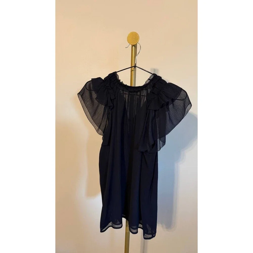 Tommy Hilfiger Split‑Neck Flutter‑Sleeve Chiffon Blouse Navy S $79 NWT - Picture 5 of 7